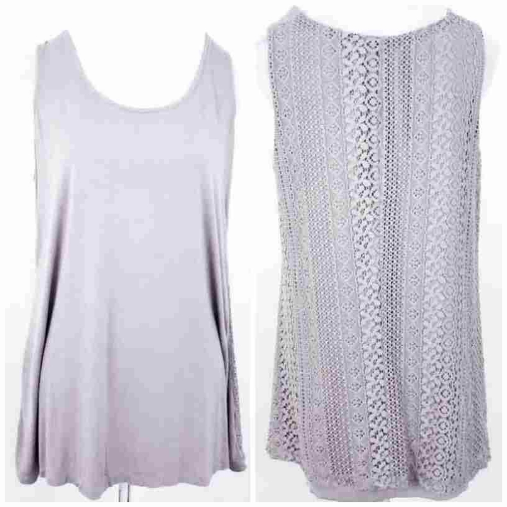 Soma Gray Sleeveless Shirt Crochet Back Size Large, Lagenlook Flowy Comfy Casual